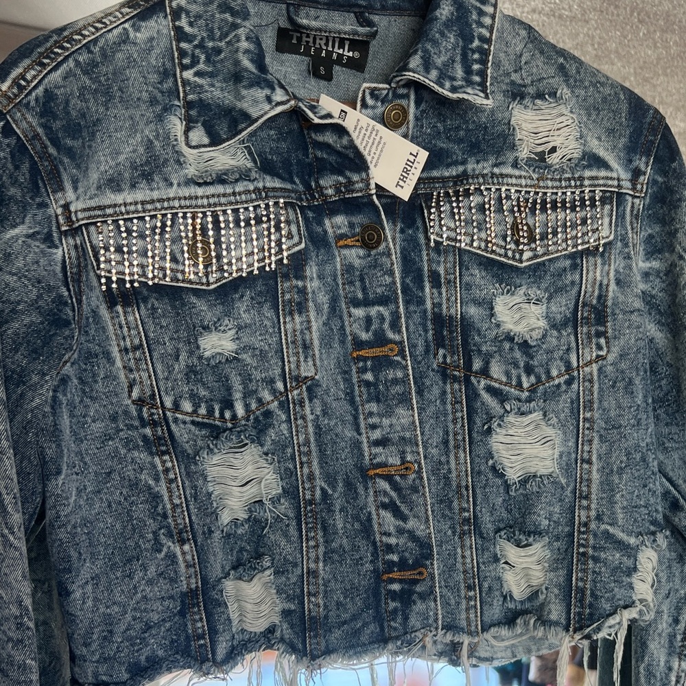 Ethyl Denim Cropped Jacket with Fringe Rhinestones
